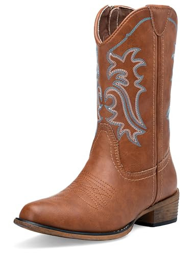 Jeossy Women's Brown Cowboy Boots, Western Cowgirl Mid-Calf Pull on Round Toe Embroidered Country 9806 Boots with Zipper Size 7.5 (DJY9806 brown 07.5) | Amazon (US)