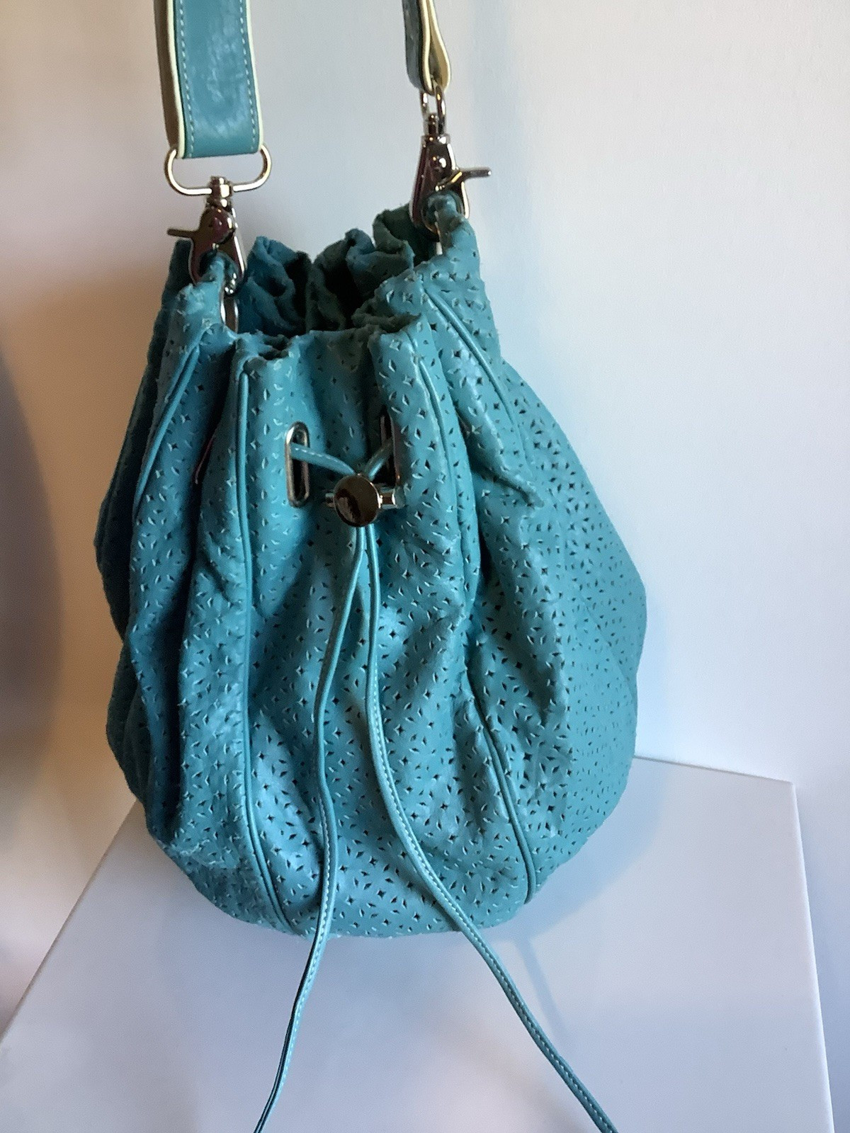 Mimco Turquoise Leather Drawstring Bucket Bag | eBay AU