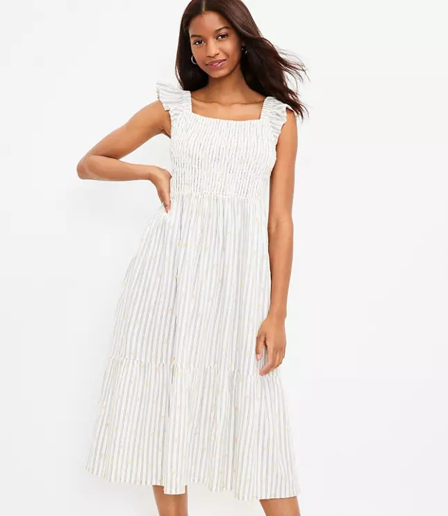 Clip Stripe Smocked Ruffle Midi Dress | LOFT | LOFT