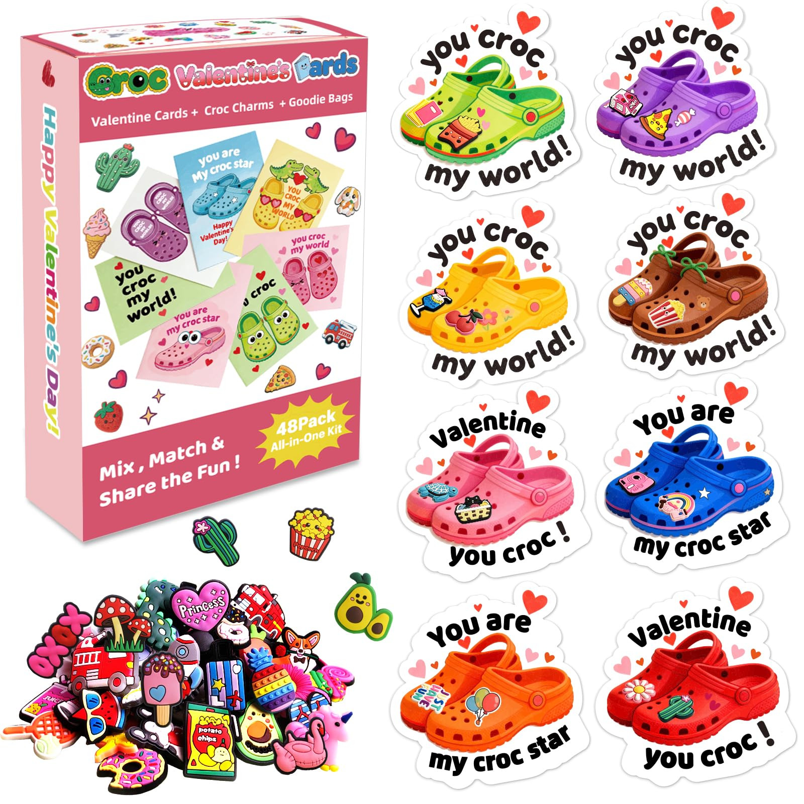 JX 48 Pack Valentines Day Cards for Kids Classroom，Valentine's Cards with 96 Unique Shoes Charm... | Amazon (US)