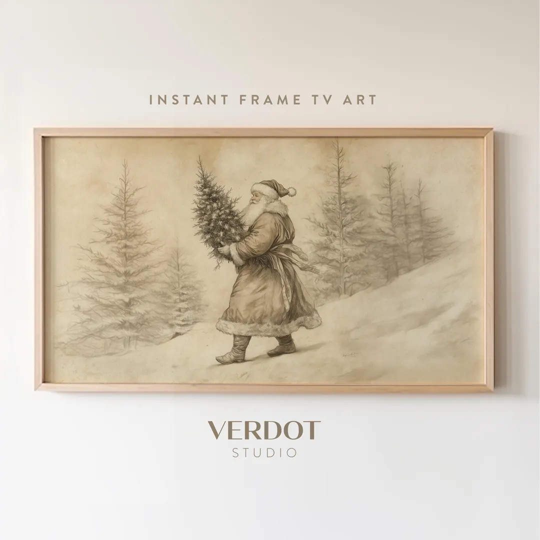 Santa Christmas Frame Tv Art, Vintage Santa Christmas Tree Neutral Holiday Download, Christmas De... | Etsy (US)