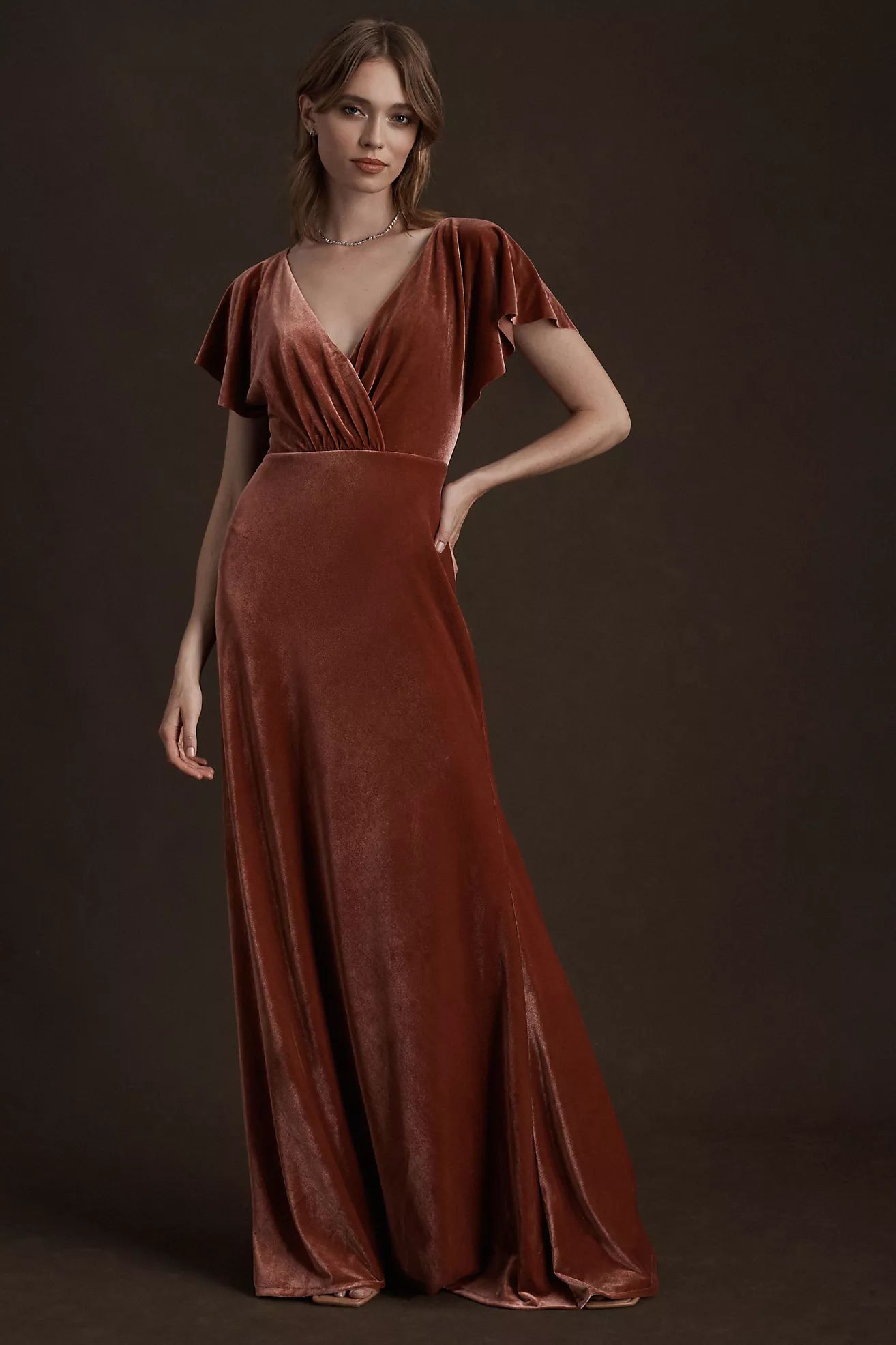 Jenny Yoo Ellis Flutter-Sleeve Open-Back Stretch Velvet Gown | Anthropologie (US)