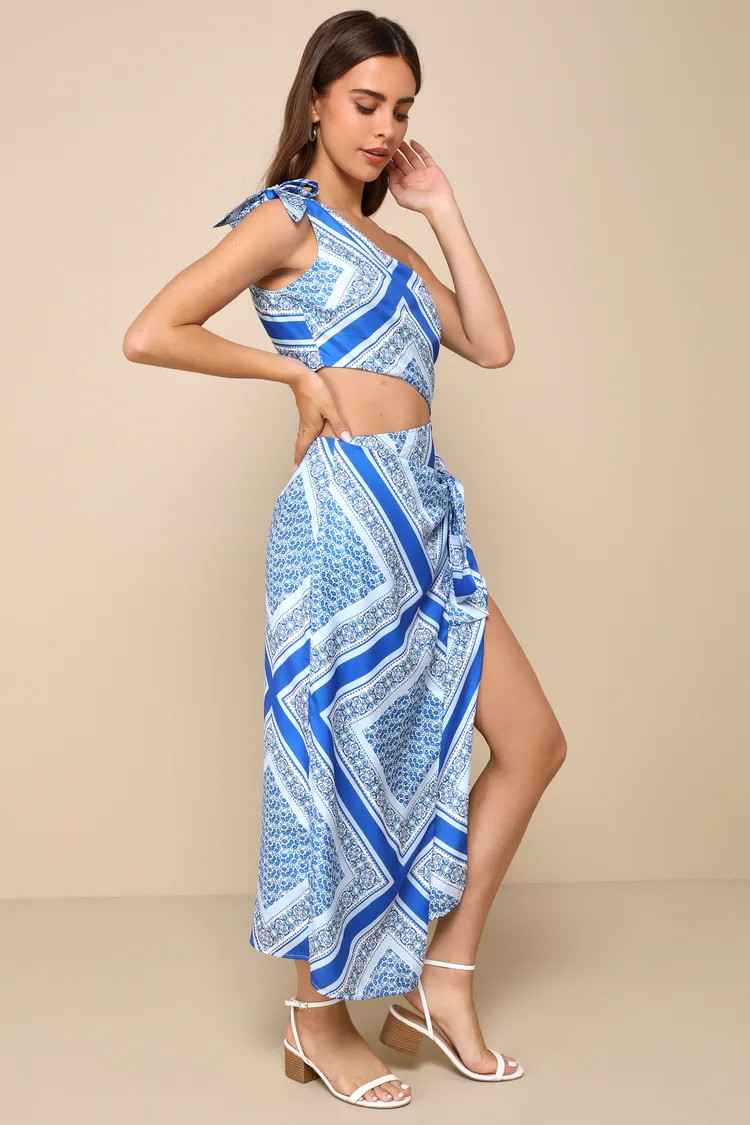 Vacay Beauty Blue Scarf Print One-Shoulder Tie-Strap Midi Dress | Lulus