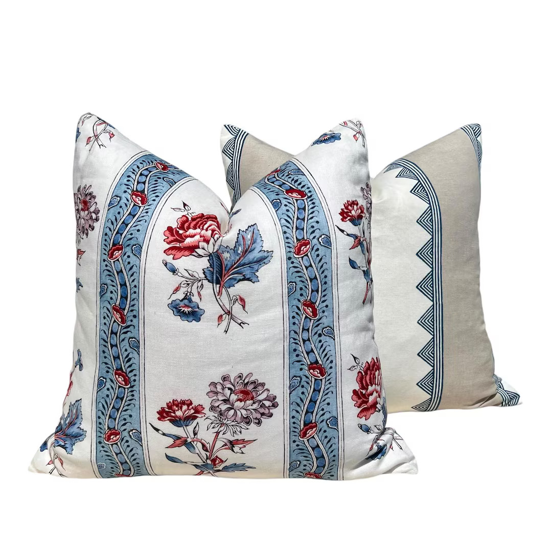 Schumacher Ariana Floral Stripe Linen Pillow in Pearlware Blue, French Floral Cushion in Blue Red... | Etsy (US)