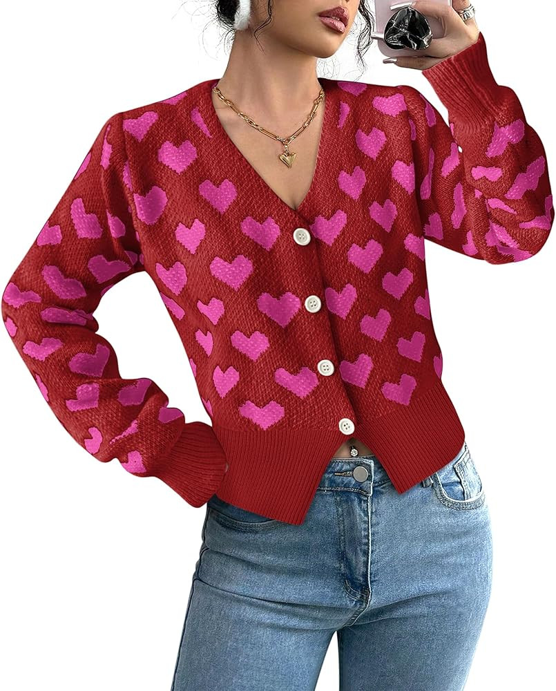 Cardigan Sweaters for Women V Neck Heart Embroidery Long Sleeve Button Down Tops Cozy Knit Crop C... | Amazon (US)