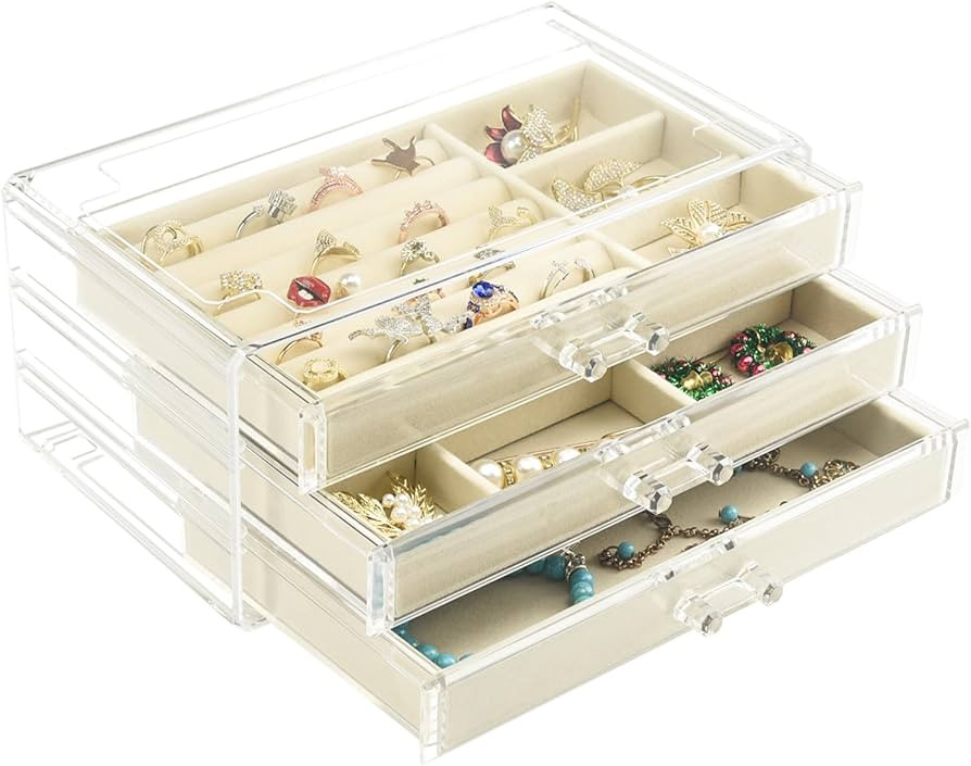 Weiai Acrylic Jewelry Box 3 Drawers, Velvet Jewellery Organizer, Earring Rings Necklaces Bracelet... | Amazon (US)