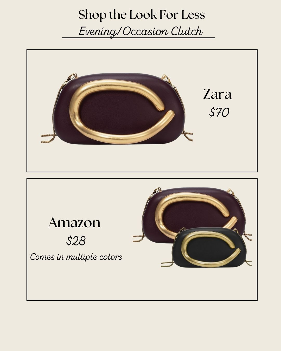 This chic evening clutch gives total designer vibes without the price tag ✨ The Zara version is $70, but I found the perfect Amazon dupe for just $28 (and it comes in multiple colors). Such a great occasion bag for weddings, parties, or date nights — saving this one under look for less handbags 🖤

#LookForLess #DesignerDupe #AmazonFinds #HandbagDupe #EveningBag #OccasionStyle #AffordableStyle #WardrobeStaple #ChicAccessories #StyleOnABudget 

 #LTKSaleAlert #LTKFindsUnder50 #LTKItBag