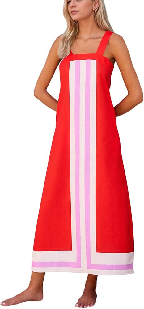 Women Color Block Maxi Dress Sleeveless Striped Flowy Beach Dress Square Neck Backless Casual Sum... | Amazon (US)