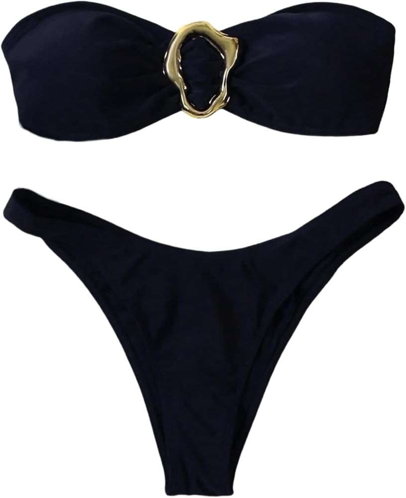 SHENHE Women's 2 Piece Strapless Swimsuits High Cut Metal Ring Tube Top Bandeau Bikini Set | Amazon (US)