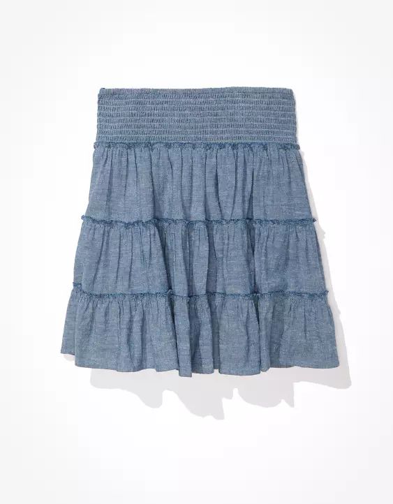 AE Chambray Smocked Tiered Mini Skirt | American Eagle Outfitters (US & CA)