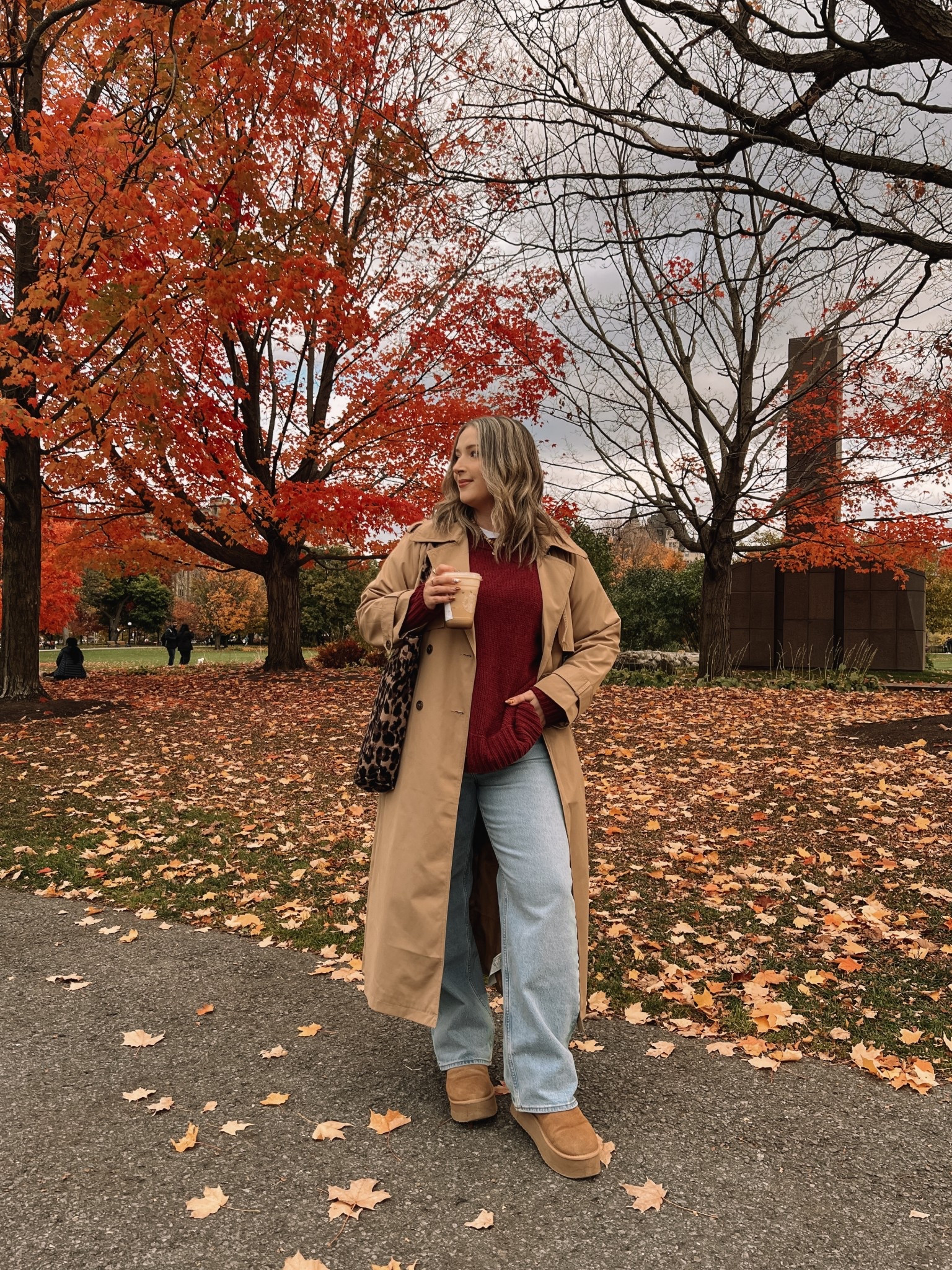 Wearing my usual size L in the tee & burgundy sweater (it’s chenille and so soft)! Linked this year’s version of my trench coat, wearing L. Wearing 32 in the jeans, could have done 31 but I prefer a looser fit for comfort. Ugg look for less are Amazon and holding up so well. I’m a 9.5-10 and wear a 10. 

#LTKfall #LTKjeans #LTKmidsize