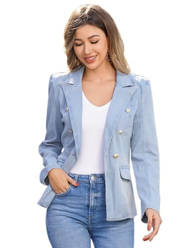 Ladies Jean Jacket Denim Blazer Suit for Women Casual Long Sleeve Double-Breasted Button Blazer Denim Blazers Blue Jean Outfits for Women for Early Spring Fall Work Office Business Light Blue XL | Amazon (US)