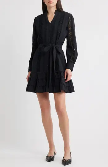 Caslon® Lace Panel Long Sleeve Minidress in Black at Nordstrom Rack, Size X-Small | Nordstrom Rack