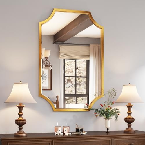 Kelly Miller 24"x36" Gold Mirror for Wall, Gold Scalloped Mirror Vanity Mirror Decorative Wall Mirror Art Beveled Framed for Master Bath Half Bath Living Room Fireplace Mantle Hallyway Entryway | Amazon (US)