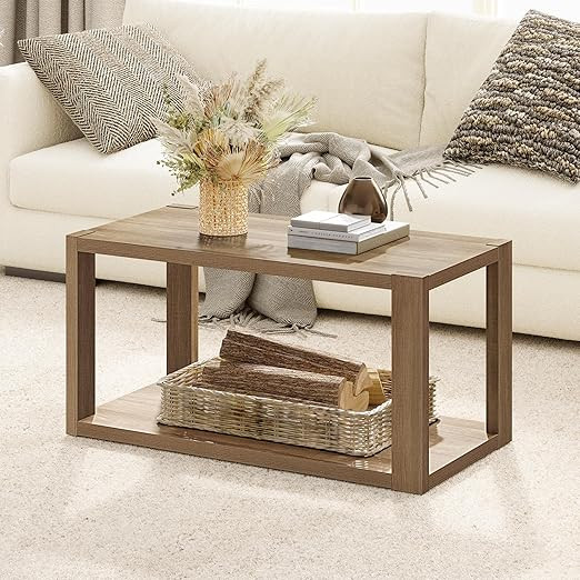 SICOTAS Farmhouse Rectangle Coffee Table - Boho Center Table with Storage Shelf, Rectangular Tabl... | Amazon (US)