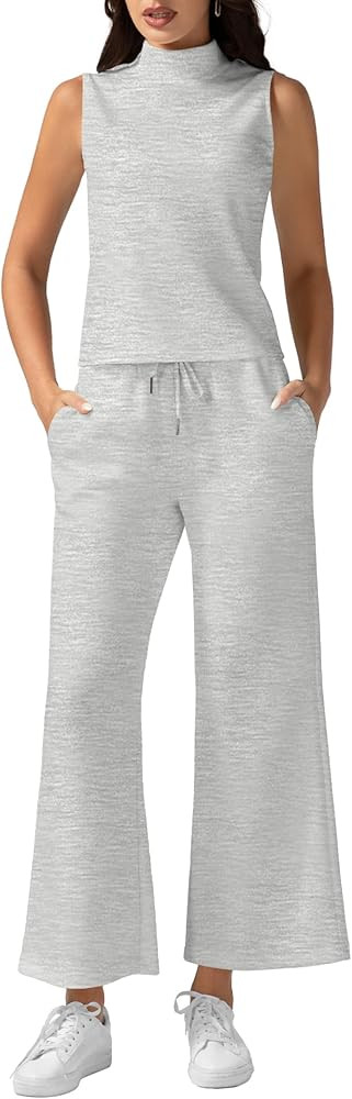 Funlingo Women's Summer 2 Piece Outfits Sleeveless High Neck Tank Tops Wide Leg Crop Pants Lounge... | Amazon (US)