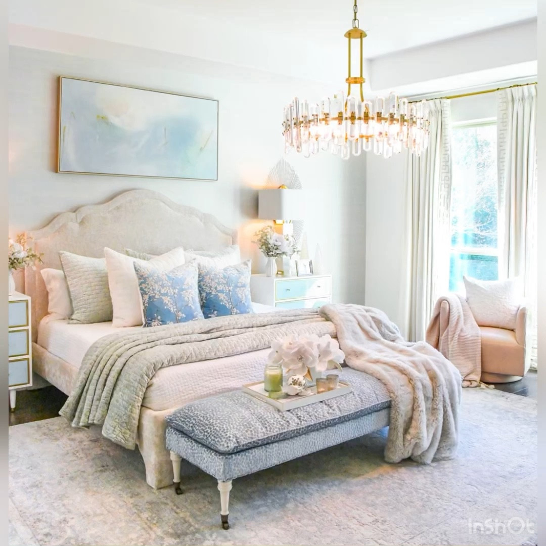 Christmas bedroom 
Bed, rug, pink chairs, chandelier, lamps, quilt, euro shams, throw blankets, pillows, holiday decor 

#LTKHoliday #LTKSeasonal #LTKhome