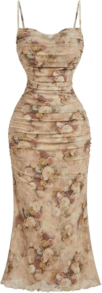 GORGLITTER Women's Floral Ruched Bodycon Midi Dress Mesh Sleeveless Fishtail Cami Dresses | Amazon (US)