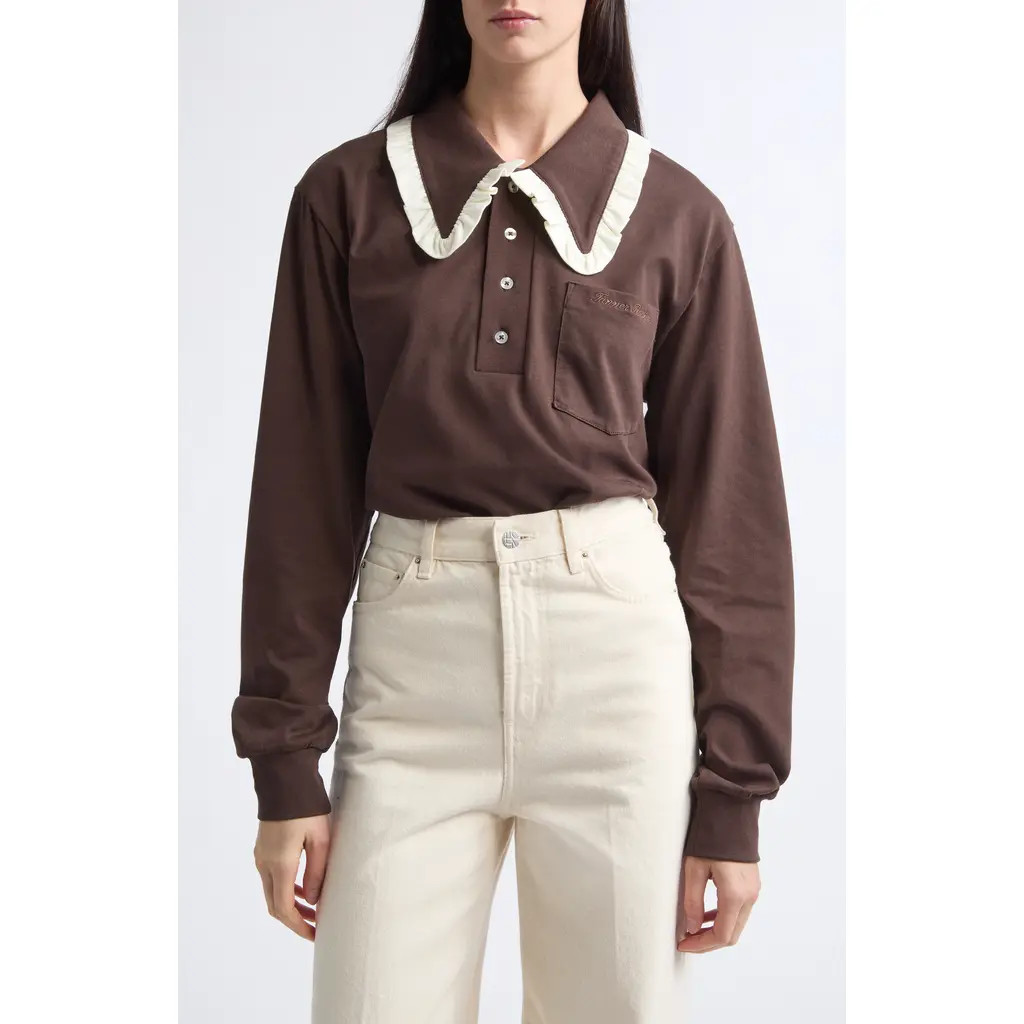 Tanner Fletcher Frank Ruffle Collar Top in Brown at Nordstrom, Size Medium | Nordstrom