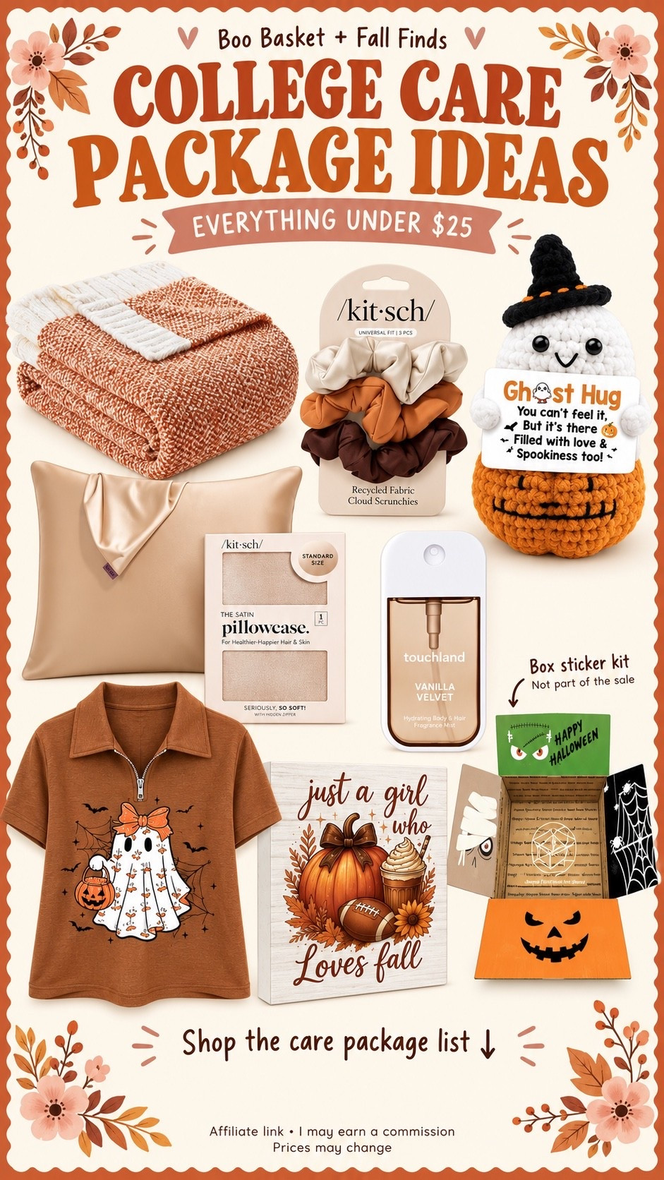 College Care Package Ideas 

Cozy fall college care package + boo basket ideas! 🍂👻 A soft blanket, satin pillowcase and scrunchies, Vanilla Velvet mist, fall graphic tee, autumn sign, crochet Ghost Hug, and Halloween box sticker kit.

Mix and match for a thoughtful surprise from home! The box sticker kit is not part of the sale.

#BooBasketIdeas #CollegeCarePackage #FallGiftIdeas #GameDayAccessories #HalloweenDecor
#DormDecor

college care package ideas, boo basket ideas, fall care package, cozy gifts, college girl gifts, Halloween gifts, satin pillowcase, fall graphic tee, crochet ghost, vanilla body mist, Halloween care package stickers