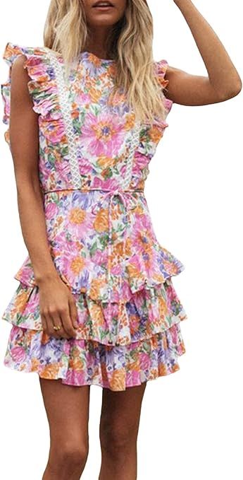 LANTIAN Women Elegant Floral Printed Dress, Crew Neck Ruffle Sleeveless Open Back Layered Hem Cak... | Amazon (US)
