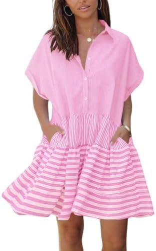 chouyatou Women Summer Beach Short Sleeve Striped Shirt Dress Button Down Tiered Mini Tunic Babyd... | Amazon (US)