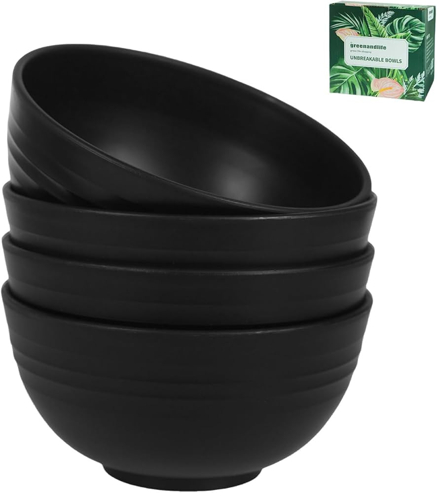 greenandlife 24oz/4PCS Wheat Straw Cereal Bowls, Lightweight Unbreakable Noodle Fruit Soup Rice Bowls Dishwasher Microwave Safe Bowl Sets, Non-toxin, BPA Free, Black | Amazon (US)