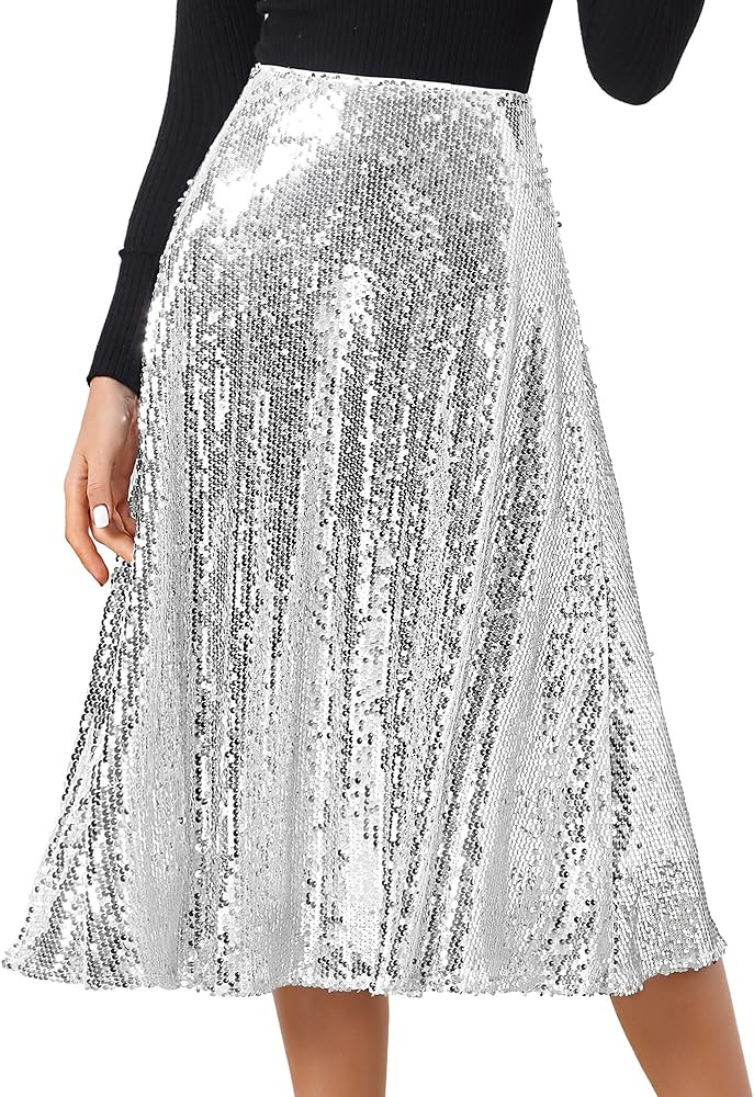 Allegra K Women's Sequin Midi Skirt Sparkly Glitter 2024 Cocktail Party Flare Skirts | Amazon (US)