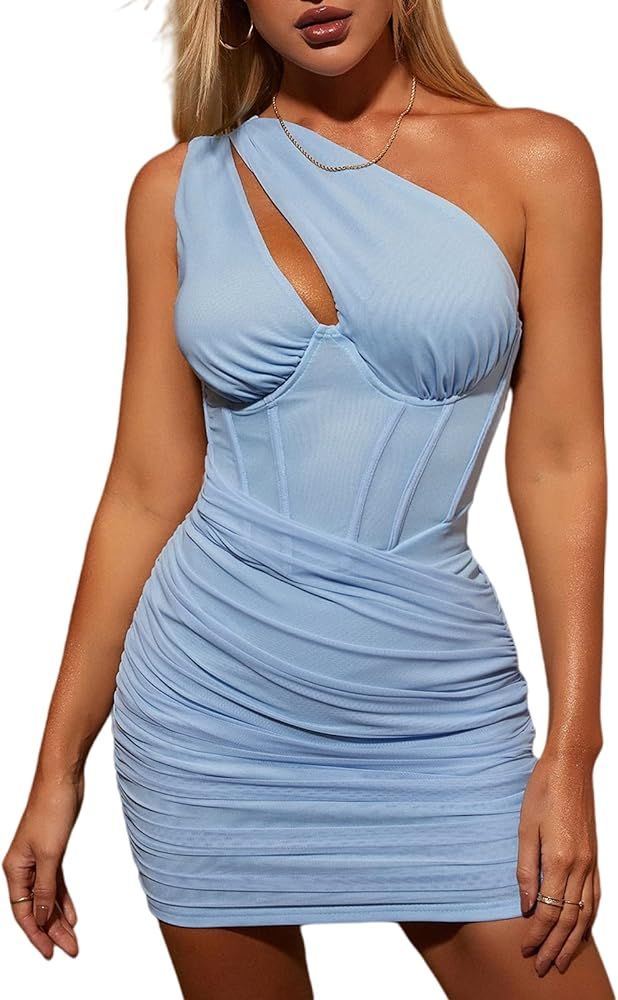 Women's Sexy One Shoulder Cutout Bodycon Corset Dress Ruched Mesh Party Club Mini Dresses | Amazon (US)