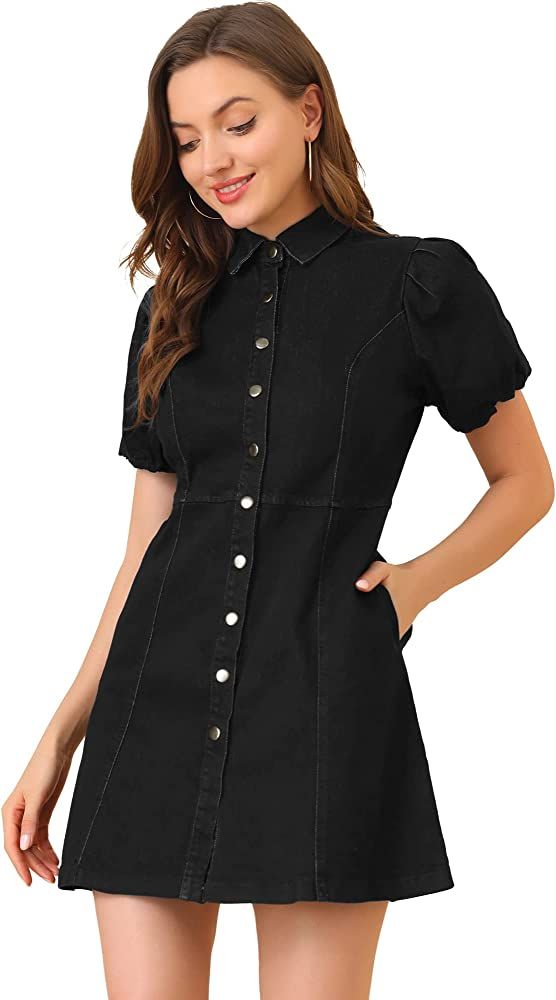 Allegra K Women's Puff Short Sleeve Collared Button Down Mini Jean Denim Dress with Pockets | Amazon (US)