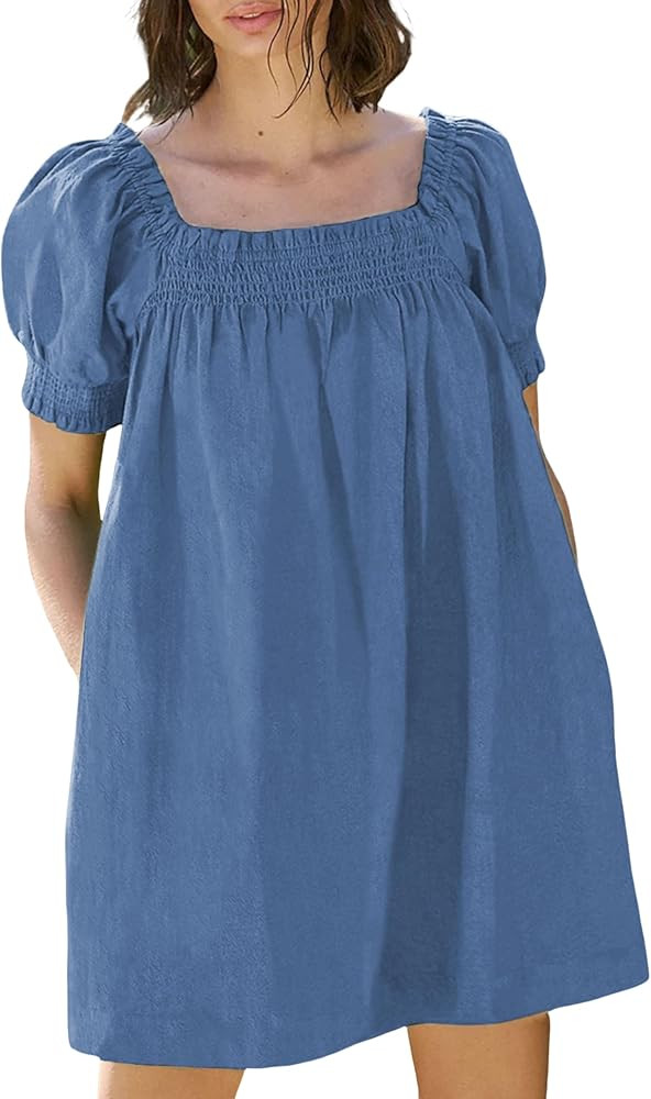 Huaqiao Womens Summer Mini Dress 2026 A-Line Square Neck Puff Sleeve Beach Sundress Casual Short ... | Amazon (US)