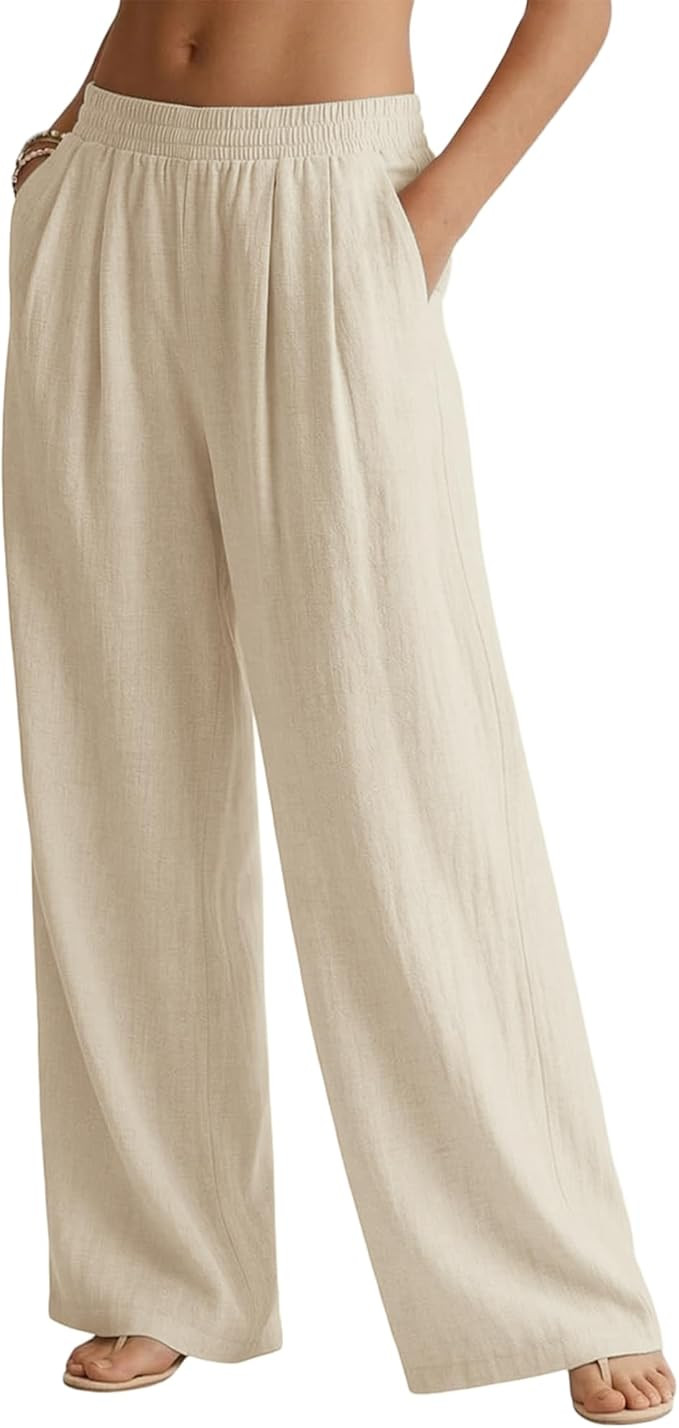 JEKAOYI Womens Casual Linen Pants Wide Leg Palazzo Flowy Summer Pants 2026 Beach Vacation Travel ... | Amazon (US)