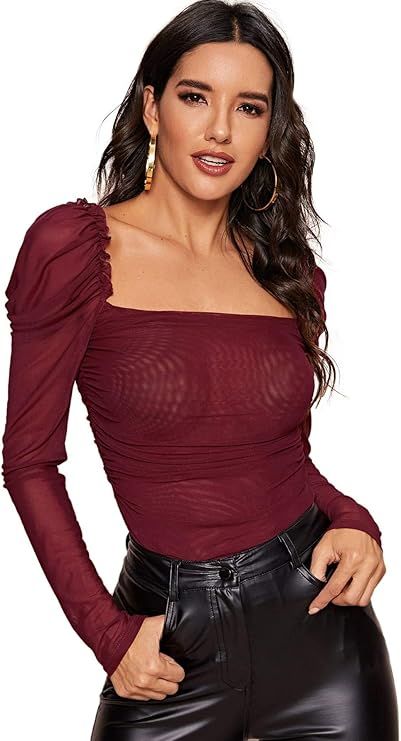 Floerns Women's Mesh Sheer Tops Square Neck Puff Sleeve Tee T-Shirt | Amazon (US)