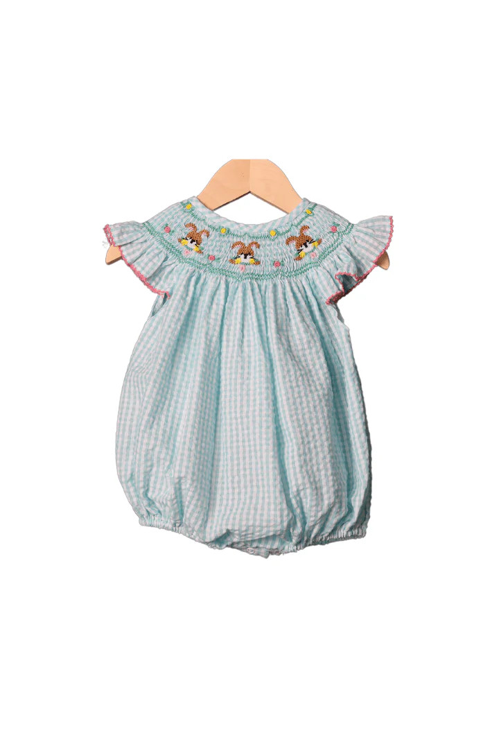 Smocked Turquoise Gingham Seersucker Easter Bunny Bubble | The Smocked Flamingo
