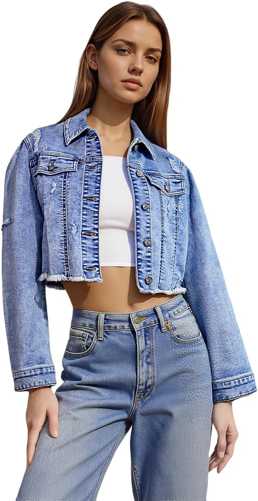 Women's Crop Denim Jacket Casual Long Sleeve Ripped Frayed Hem Jean Stretchy Jackets High Elastic... | Amazon (US)