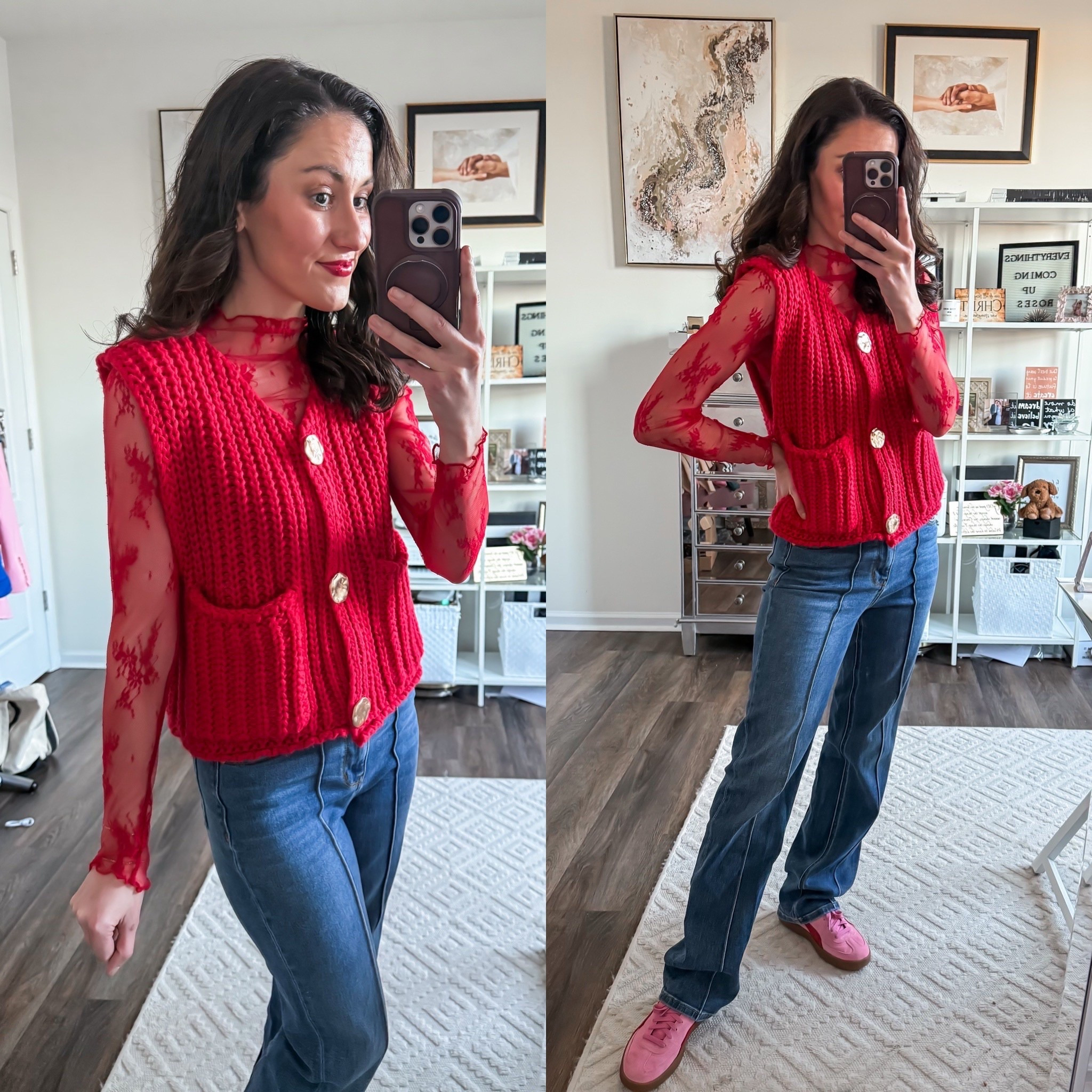 Valentine’s Day outfit idea with red lace top layered under a red sweater vest 

#LTKFindsUnder50 #LTKSeasonal
