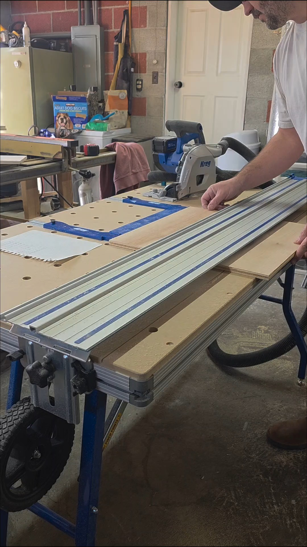 This cutting system is great if you don't have a table saw! The stand is collapsible and can be stored upright so it doesn't take up much space in your workshop. #kreg #woodworking #diy 

 