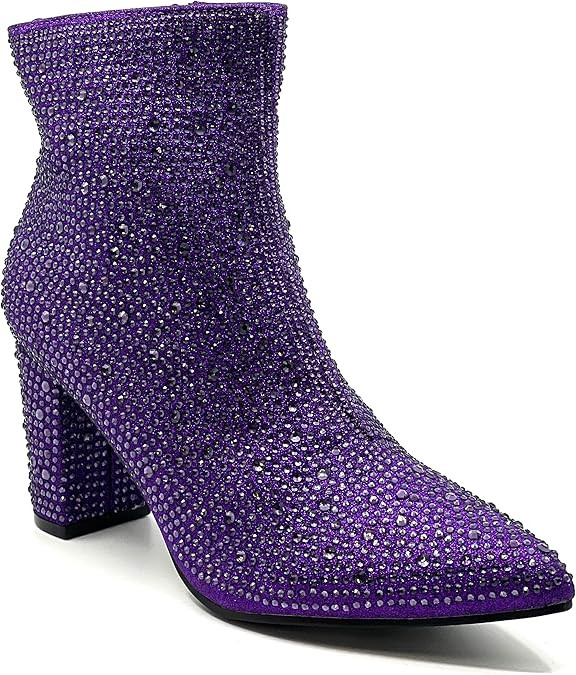 Women Rhinestone Block Chunky Heel Ankle Bootie | Amazon (US)