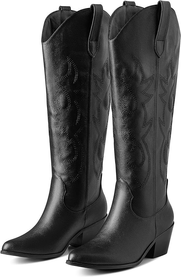 Amazon.com | Erocalli Cowboy Boots for Women Black Cowgirl Boots Knee High Boots Stacked Heel Emb... | Amazon (US)
