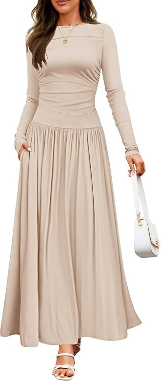 ZESICA Women's Long Sleeve Spring Maxi Dress 2025 Crewneck Knit Casual Slim Swing Pleated Dresses... | Amazon (US)