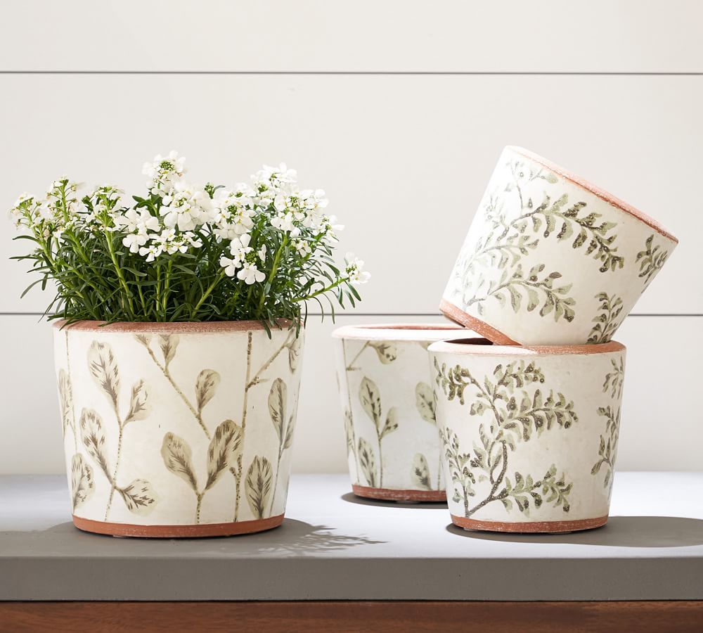 Hand Painted Green Leaf Printed Ceramic Planters | Pottery Barn (US)