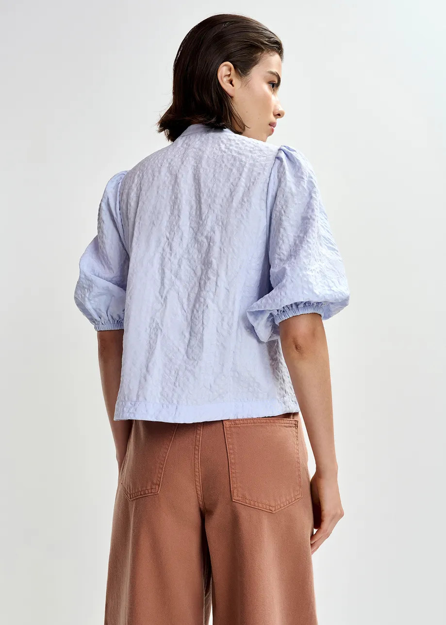 Light blue and multicolor floral sequin and bead-embellished shirt with voluminous sleeves | Esse... | Essentiel Antwerp
