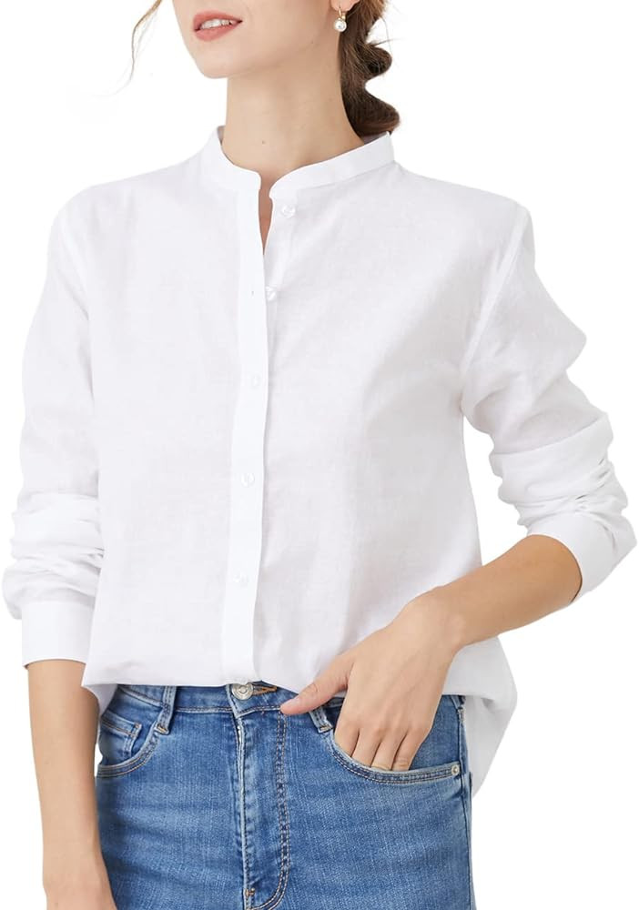 Women's Mandarin Collar Button-Down Shirts Casual Cotton Linen Long Sleeve Blouses | Amazon (US)