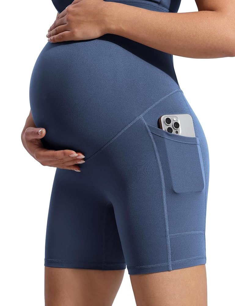 POSHDIVAH Women's Creamluxe Maternity Biker Shorts Over The Belly with Pockets - 6"/8" Summer Pre... | Amazon (US)