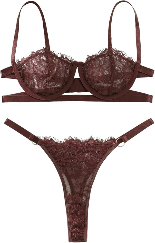 Lilosy Sexy Eyelash Underwire Floral Lace Sheer O Ring Linked Cutout Lingerie Set | Amazon (US)