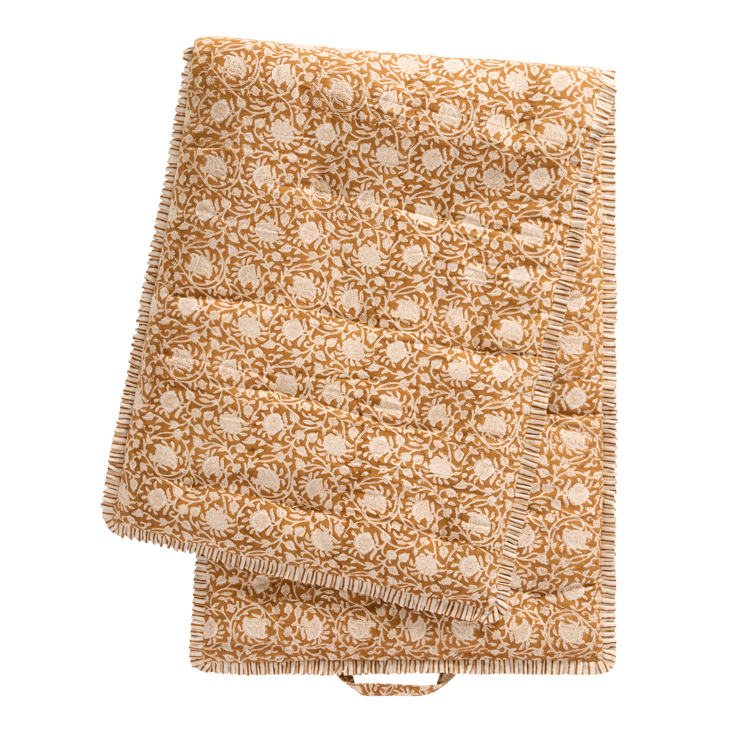 Golden Yellow Cotton Ruffle Floral Block Print Lounge Cushion | World Market