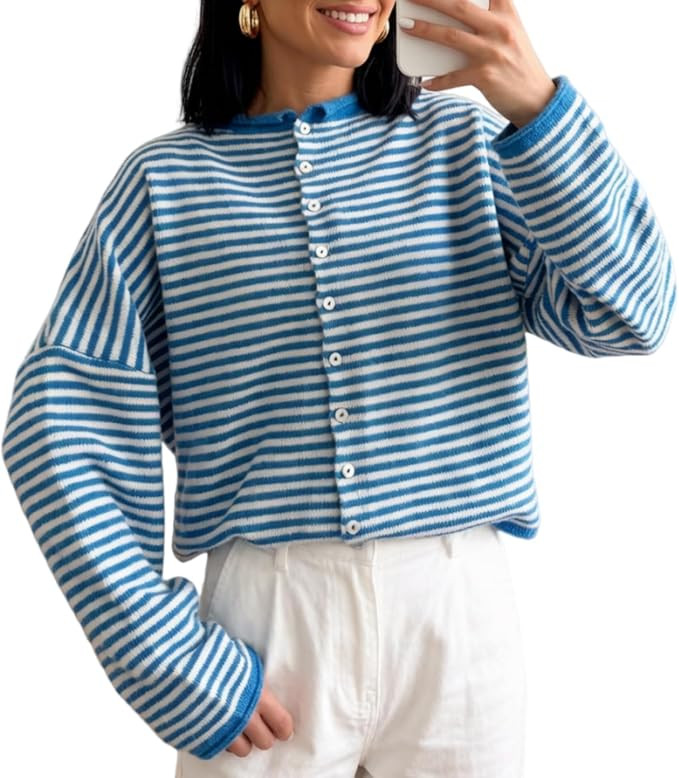 Women Knitted Cardigan Sweaters Long Sleeve Button Down Loose Knitwear Tops Y2k Vintage Jumper Kn... | Amazon (US)