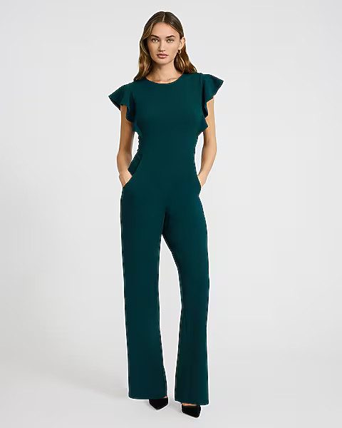 Crew Neck Flutter Sleeve Wide Leg Jumpsuit with Pockets | Express