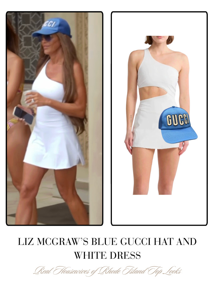 Liz McGraw's Blue Gucci Hat and White Dress 

 