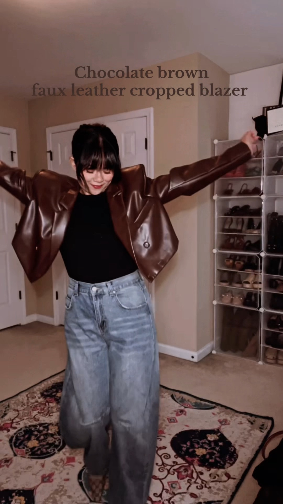 Styling this oversized Brown faux leather cropped jacket with me. I added an elevate shoulder pad basic black Ts and barrel jeans. 🍩🤎

#LTKOver40 #LTKPetite #LTKStyleTip